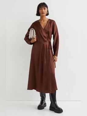 Chocolate brown satin feel wrap dress S ptp 18”
